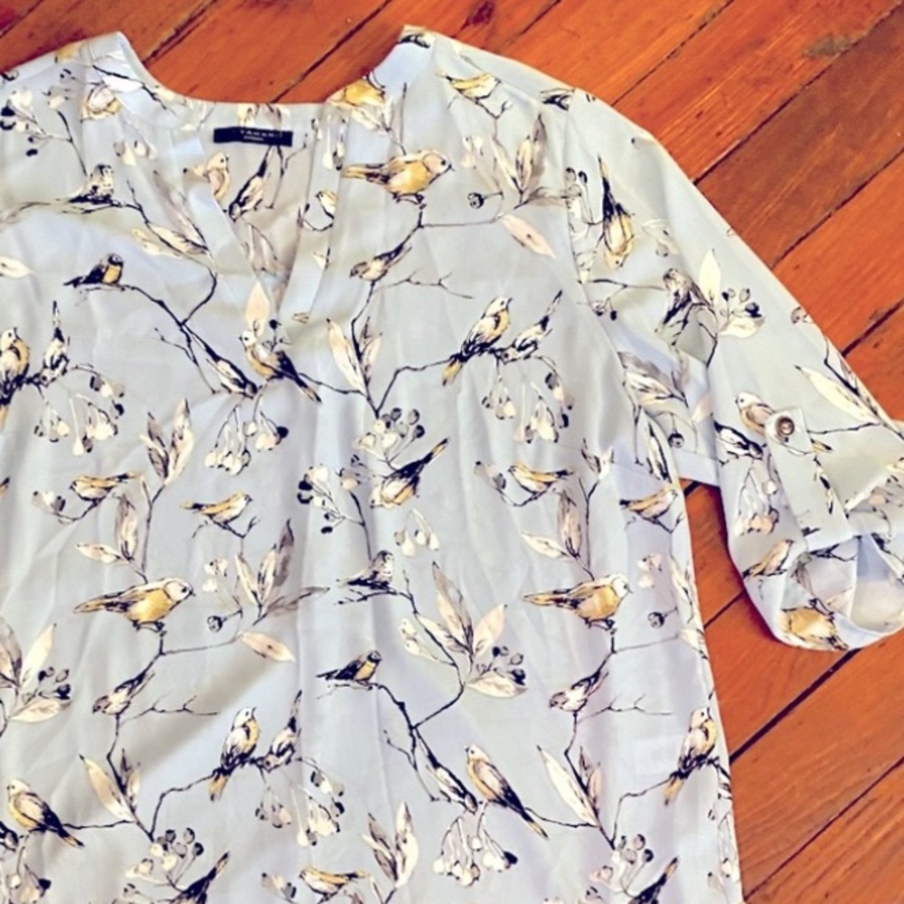 T Tahari Woven High Lo Tunic Top with Birds V-Neck 3/4 Sleeves Size 1X NWT